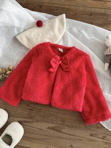 SHEIN Baby Girls' Autumn/Winter Warm Fleece Cardigan With Bow, Versatile And Elegant, Suitable For Outings Fall - Red - View 5