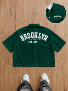 Claim Dot Áo sơ mi nam tay ngắn in chữ thường ngày, áo sơ mi nam mùa hè cắt ngắn họa tiết, áo sơ mi Brooklyn, áo sơ mi đại học, áo sơ mi họa tiết màu xanh lá cây đậm, áo sơ mi nam cỡ lớn in họa tiết - Màu xanh lá cây đậm - Xem 1