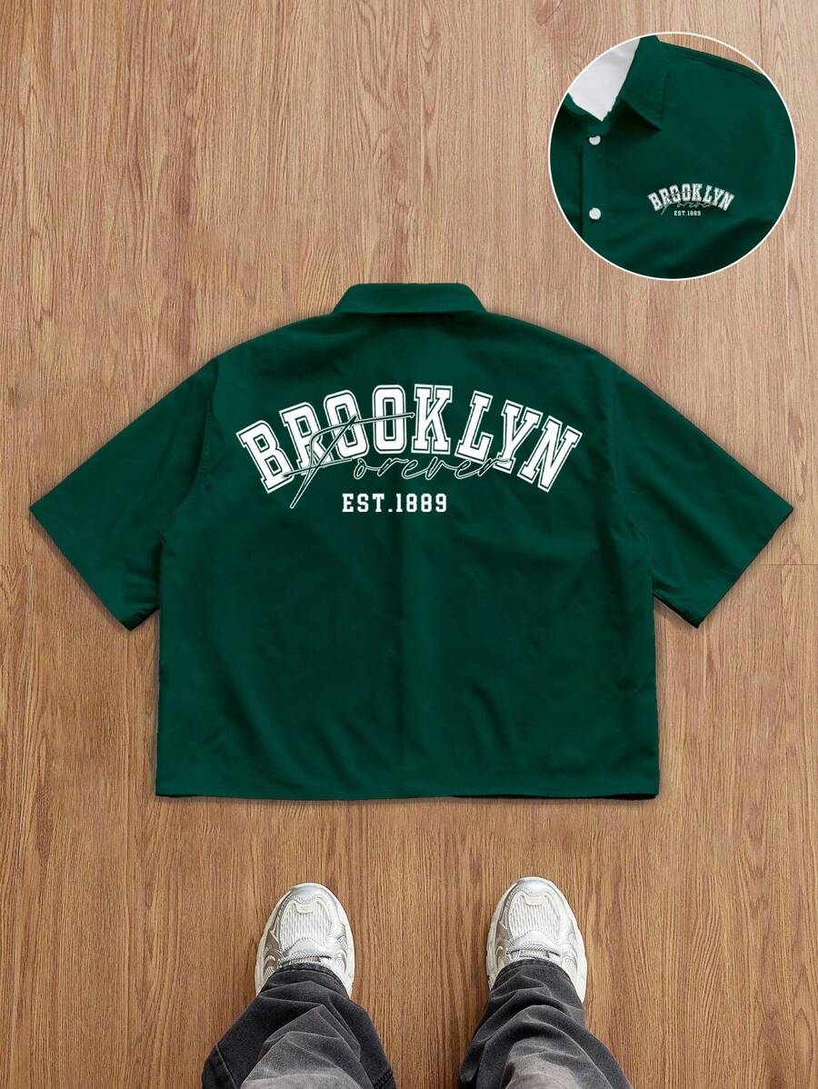 Claim Dot Áo sơ mi nam tay ngắn in chữ thường ngày, áo sơ mi nam mùa hè cắt ngắn họa tiết, áo sơ mi Brooklyn, áo sơ mi đại học, áo sơ mi họa tiết màu xanh lá cây đậm, áo sơ mi nam cỡ lớn in họa tiết - Màu xanh lá cây đậm - Xem 1
