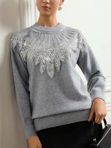 Zanirela Elegant Feather Embellished Beaded Pullover Sweater, Sophisticated Design, Chic & Graceful - Grey - View 5