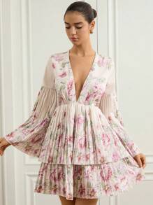 Aveloria Rosie فستان قصير بأكمام طويلة وياقة على شكل حرف V مطبوع بزهور، مع أساور وحافة مطوية، تصميم مشدود للخصر، مناسب للخروجات اليومية والمواعيد - متعدد الألوان - مشاهدة 6