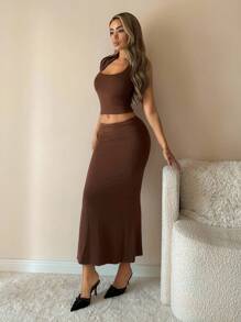 SHEIN ICON 2pcs Y2k Western Brown Going Out Halter Neck Crop Top And Low Waist Skirt Set Brown Two Pieces Set Two Pieces Skirt Set 2 Pieces Skirt Set Brown Halter Top And Skirt Set - Brown - View 5