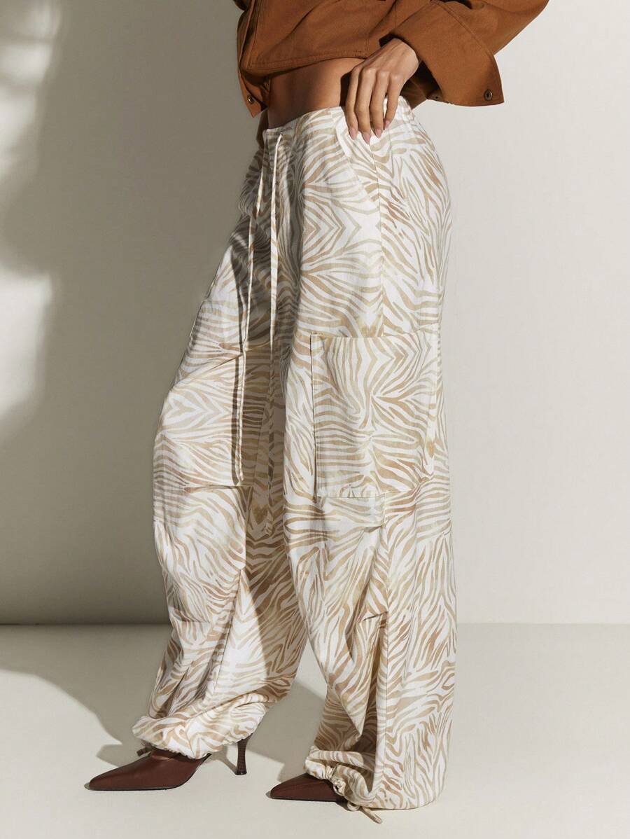 Athîral Women's Zebra Print Drawstring Waist Pockets Wide Leg Loose Pants,Balloon Pants, ,Summer,Autumn,Umbrella Pants,Leisure Sports - Khaki - View 1