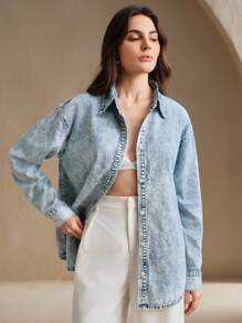 Anewsta 重磅刺绣女式蓝色牛仔裤，街头风格 - 中等水洗藍 - 查看 2