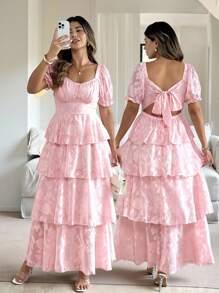Vionelle Đầm đi biển tay bồng cổ vuông hở lưng xếp nếp nơ thanh lịch cỡ lớn cho nữ - Hồng - Xem 6