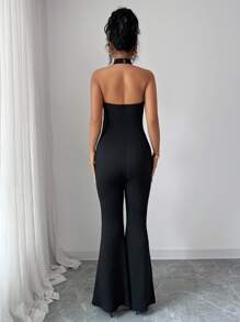 Chiquease Women Metal Button Knitted Jumpsuit - Black - View 2