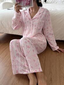SHEIN Damen Vintage Blümchen Kragen Langarm Pyjama Set, rosa gestreift, romantischer Landhausstil, Herbst - Pink - Übersicht 2