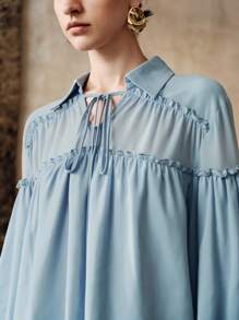 EMERY ROSE 女士四向弹力面料 H 型领荷叶边褶皱抽绳设计优雅约会长袖衬衫秋季女士度假波西米亚风女士休闲春季 - 藍色 - 查看 2
