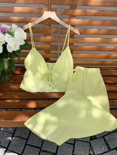 Comfortcana Women's Linen Cream Yellow Tank Top And Pants Set, Summer