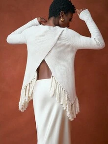 Zivah The 2025 New Autumn, Autumn And Winter Casual, Simple, Street, Daily, Date, Birthday, Party, Travel Season, Warm, Elegant, Commuting, Office Worker, Internet Celebrity Hit, Round Neck, Wide Shoulder, Long Sleeve, Fringed Hem, Decorated Back, Cross Backless, Crappy, Ribbed Pullover, Sweater, Women's Knitted Top -A