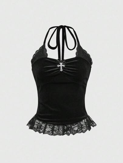 Goth Top ajustado de mujer de estilo gótico oscuro de terciopelo y encaje 2 en 1 con cuello halter, adecuado para Halloween