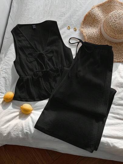SHEIN EZwear Plus Size Women's Casual Everyday Commute Simple Solid V-Neck Tie Front Sleeveless Peplum Hem Top And Wide Leg Pants 2 Piece Set, Spring/Summer