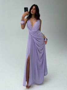 Aloruh 女士新款夏季雪纺连衣裙，纯色浅紫色透视设计，扭结领口，优雅长裙女士派对连衣裙薰衣草连衣裙丁香连衣裙紫色连衣裙女神连衣裙女士夏季连衣裙女士连衣裙女士夏季服装女士连衣裙女士夏季防晒连衣裙 - 淡紫色 - 查看 6