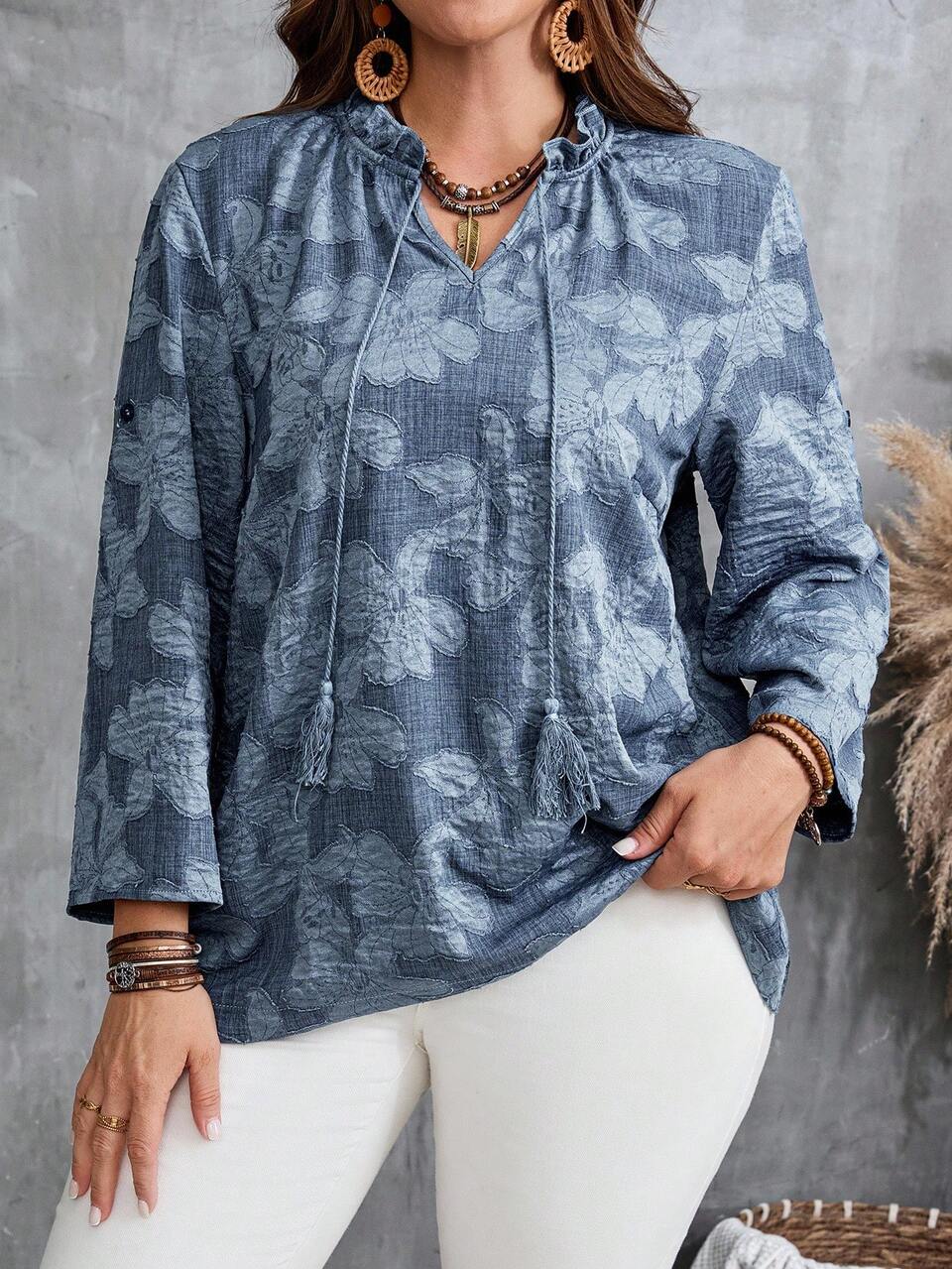 Sky Blue Plus Size Printed Pattern Long Sleeve Blouse,Autumn Elegant Vacation Formal Tops For Women,Business Casual Classy Work Tops Everyday Wear