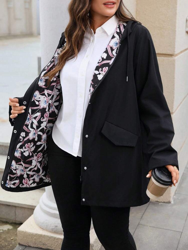 Plus Size Women's Floral Pattern Lined Long Sleeve Zipper Front Drawstring Hooded Casual Jacket Oversized Coat With Pockets Fall Clothes For Women Winter Clothes Going Out Autumn