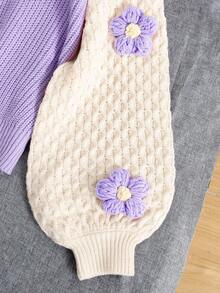 SHEIN 女童宽松休闲拼布撞色落肩圆领手工 3D 花朵毛衣 女童紫色毛衣 女童毛衣 女童毛衣 女童套头衫 紫色花朵毛衣 女童淡紫色毛衣 秋冬 - 淡紫色 - 查看 6