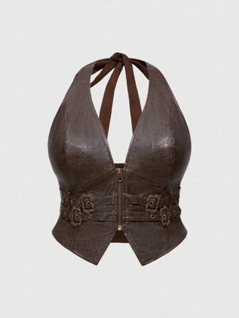 Hippie Chaleco de mujer talla grande con diseño de botones y cremallera frontal con cuello halter