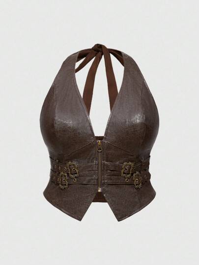 Hippie Gilet con collo ad aletta e chiusura lampo anteriore con bottoni, per donne taglia curvy