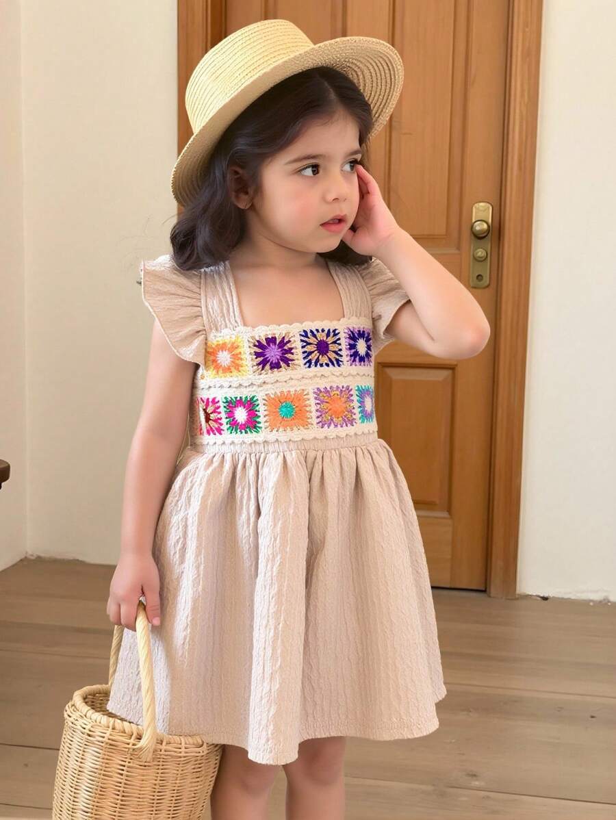 SHEIN Baby Girls Cute Pattern Hand-Hooked Flower Cap Sleeve Dress, Summer Outdoor Activities & Beach Resort - Apricot - View 1