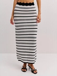 Nöista Black And White Striped Two Pieces Knit Set Includes A Scalloped-Edge Crop Top With A Deep V-Neck And A High-Waisted, Fitted Maxi Skirt. Spring, Women's Clothing, Elegant, Vaccay, Holidays, Summer. - Black and White - View 5