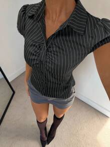 Siren Gaze 女士休闲通勤条纹修身衬衫，夏季商务休闲女衬衫修身衬衫办公室衬衫细条纹衬衫女上衣 - 深灰色 - 查看 3