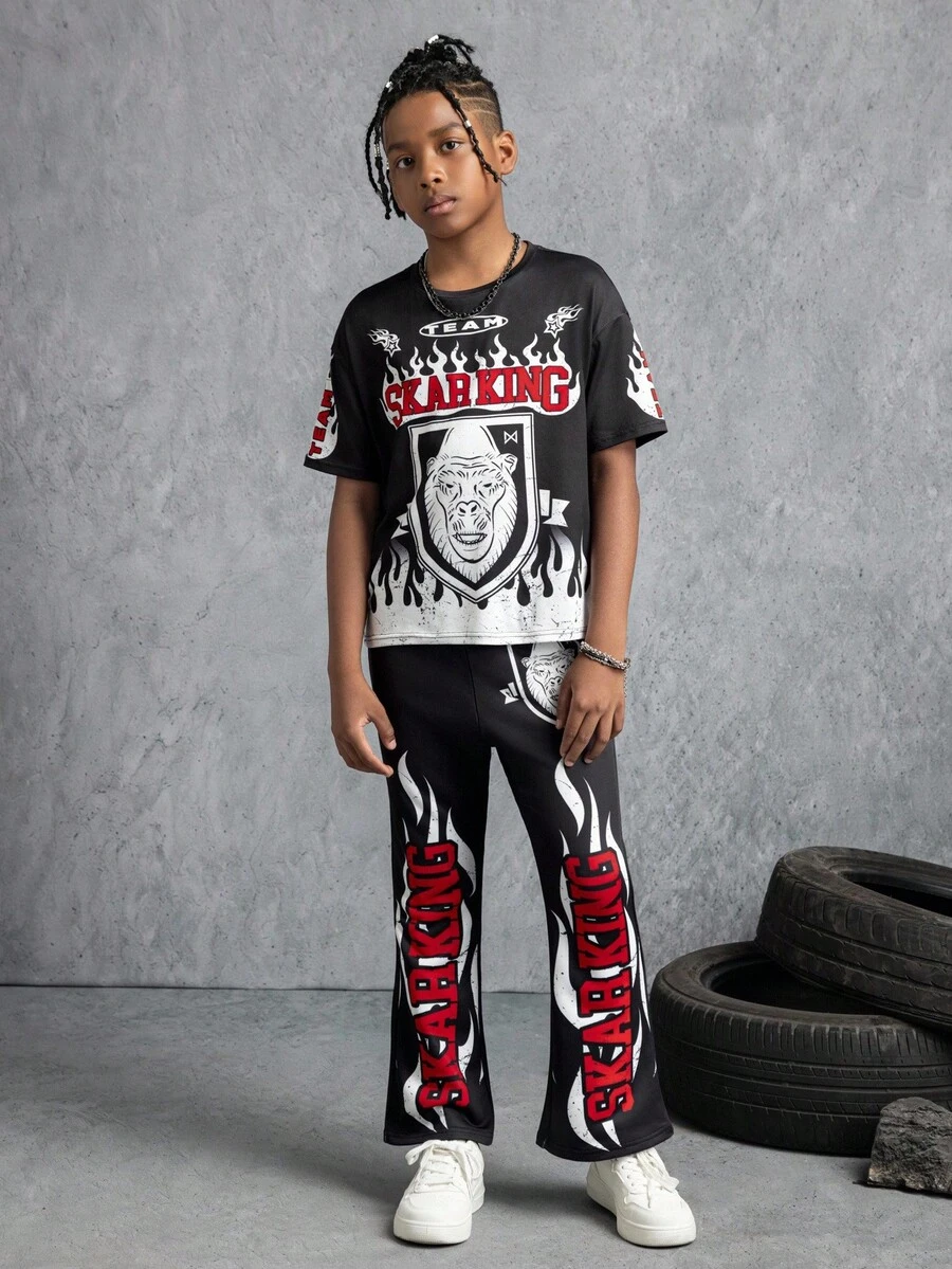 GODZILLAxKONG X SHEIN 2 件套青少年男孩休闲酷炫圆领短袖 T 恤和长喇叭裤套装 - 黑色 - 查看 1