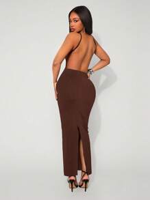 Radiana 夏季纯黑色性感优雅露背连衣裙 - 棕色 - 查看 2