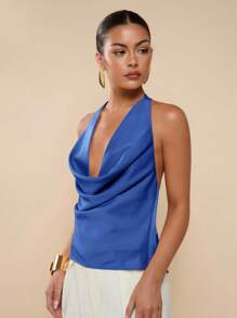 COSMINA 女式性感纯色垂坠领露背系带吊带背心，夏季 - 寶藍色 - 查看 5