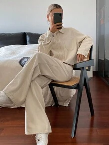 Livesso Petite 女款翻領長袖上衣與長褲休閒街頭風日常丹寧套裝，秋季上班度假白色 - 白色 - 查看 2