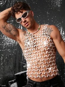 FeverCity 男士性感镂空手工编织珍珠上衣