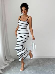 Elenzga 女式优雅合身荷叶边下摆撞色吊带毛衣裙