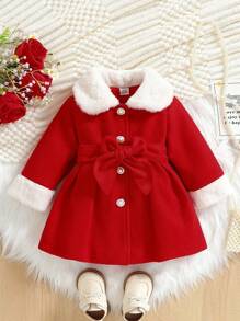 Souflis Souflis Baby Girls' Color Blocking Lapel Bow Decor Long Sleeve Warm Jacket - Red - View 7