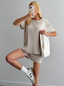 EURMUSE Petite Size Women Frenchy Crochet Ribbed Two Pieces Outfits Set - Apricot - View 1