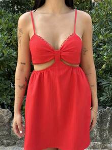 Lucia Bellido WYWH Women's Vacation Hollow Out V-Neck Sleeveless White Dress, Summer Dress - Red - View 3