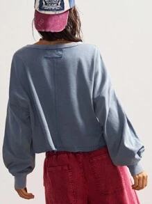 Bohemela Áo sweatshirt nữ dài tay cổ tròn, màu trơn, dáng rộng, chất liệu vải dệt kim, thích hợp mặc mùa thu/đông. - Màu xanh lam - Xem 5