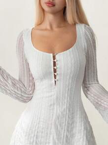 Sweetina 休闲提花面料方领长袖迷你连衣裙 - 白色 - 查看 6