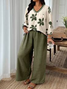 EMERY ROSE Plus Size Floral Print Shirt And Pants 2 Pieces Set, Vacation & Casual - White - View 1
