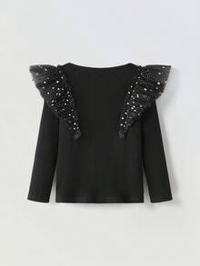 Maija Kids Maija Kids Young Girl Round Neck Contrast Mesh Ruffle Trim Long Sleeve Sequin Top Rhinestone Collar Black T-Shirt Kids Autumn Fall Winter Clothing - Black - View 2