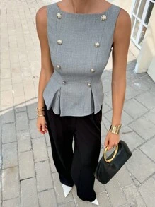 Siren Gaze 女士时尚通勤无袖衬衫，带装饰纽扣，夏季