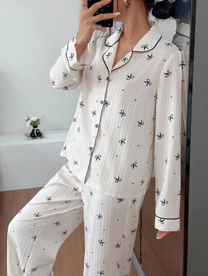 Long Sleeve Top Woven Women Pants Pajama Set Bow Pattern Regular Fit, Fall Clothes Cozy Elegante view 5