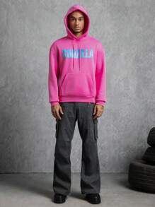 GODZILLAxKONG X SHEIN Áo hoodie có mũ rút túi họa tiết chữ cái thường ngày dành cho nam - Hồng - Xem 5