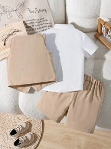 Souflis Souflis 3 件套年轻男孩绅士套装，包括领结、白色领衬衫、背心和休闲短裤，时尚绅士西装，适合日常休闲穿着、生日派对、婚礼、万圣节、圣诞节、感恩节庆祝、正式服装、表演、春夏返校季 - 卡其色 - 查看 2