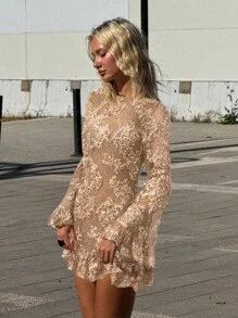 SHEIN ICON Damen neue elegantes rückenfreies Spitze-Patchwork Minikleid, cremefarbener Einfarbig