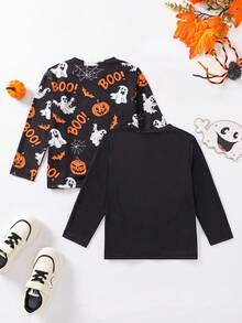 小男孩万圣节印花长袖T恤，休闲款 - 黑色 - 查看 2