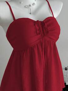 Pariaura 女士可爱纯色褶皱粉色吊带背心，夏季大学可爱上衣，酒红色上衣，勃艮第酒红色上衣，夏季上衣，红色上衣 - 紅色 - 查看 6