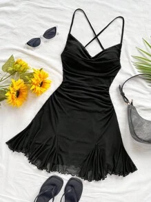 Soleia 女士度假细肩带迷你连衣裙，低胸领口，露背，蝴蝶结，鱼尾，性感风格，迷你连衣裙，及膝长裙，购物，浪漫，约会，海滩装，网眼，年轻，少女 - 黑色 - 查看 3