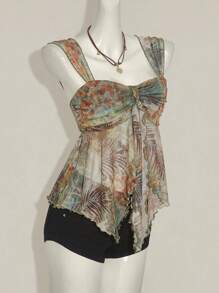 SHEIN ICON 女式西部复古波西米亚风热带植物印花褶饰不对称下摆时尚粗肩带吊带背心