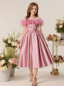 Tween Girl 优雅粉色网眼和欧根纱露肩连衣裙