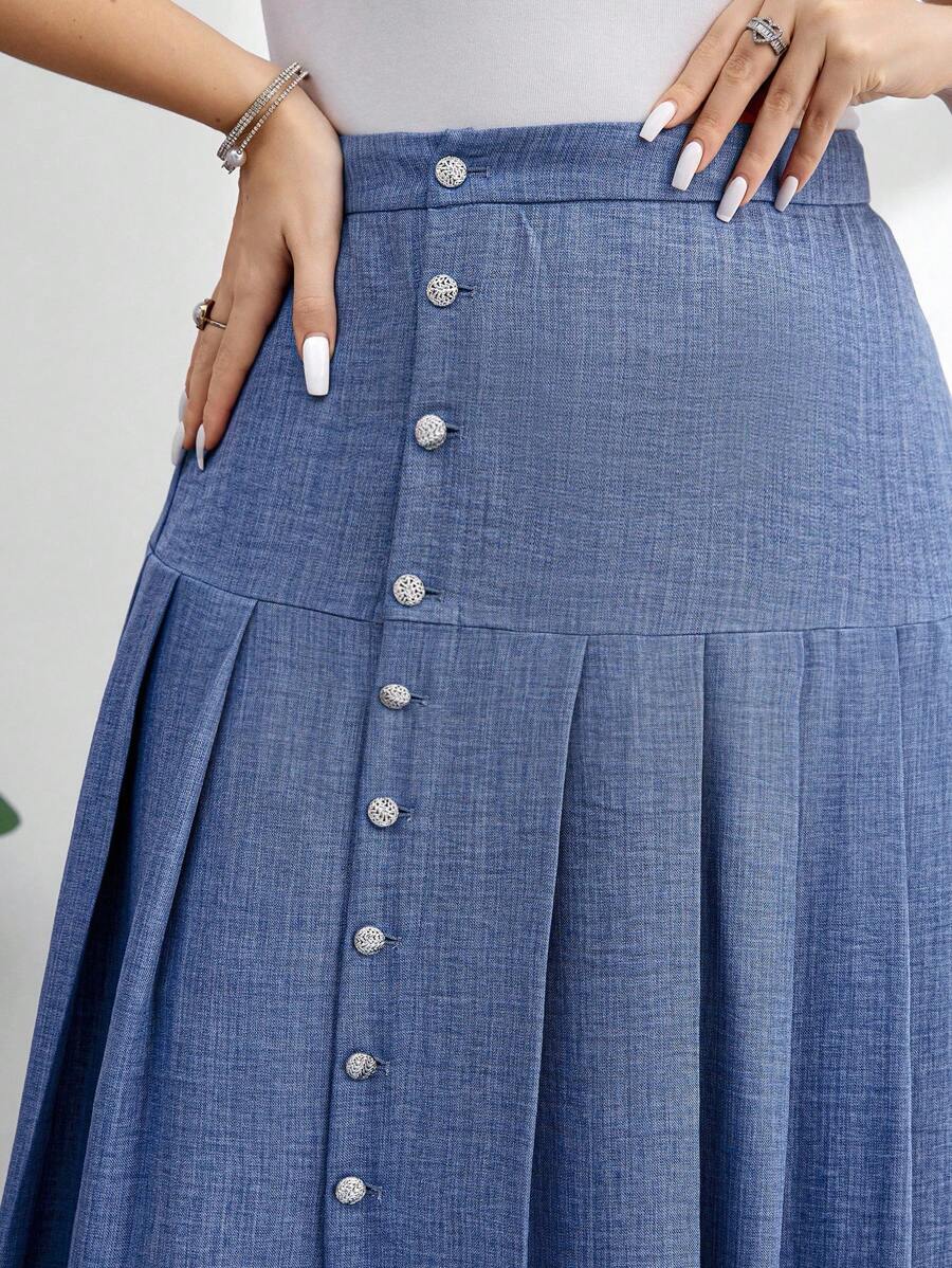 Modelyn Plus Size High Waist A-Line Pleated Skirt, Versatile Vintage Style, Flattering, Spring/Summer - Blue - View 1