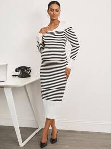 MaterniWear Office,Business Casual Woman,Fall Clothes,Autumn Clothes,Maternity Autumn Clothes Maternity Striped V-Neck Long Sleeve Fitted Knit Dress - Black and White - View 5